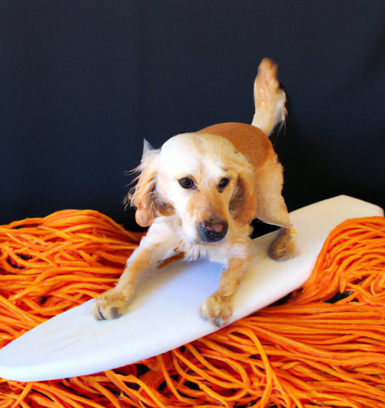Dog surfing on a wave of spaghetti