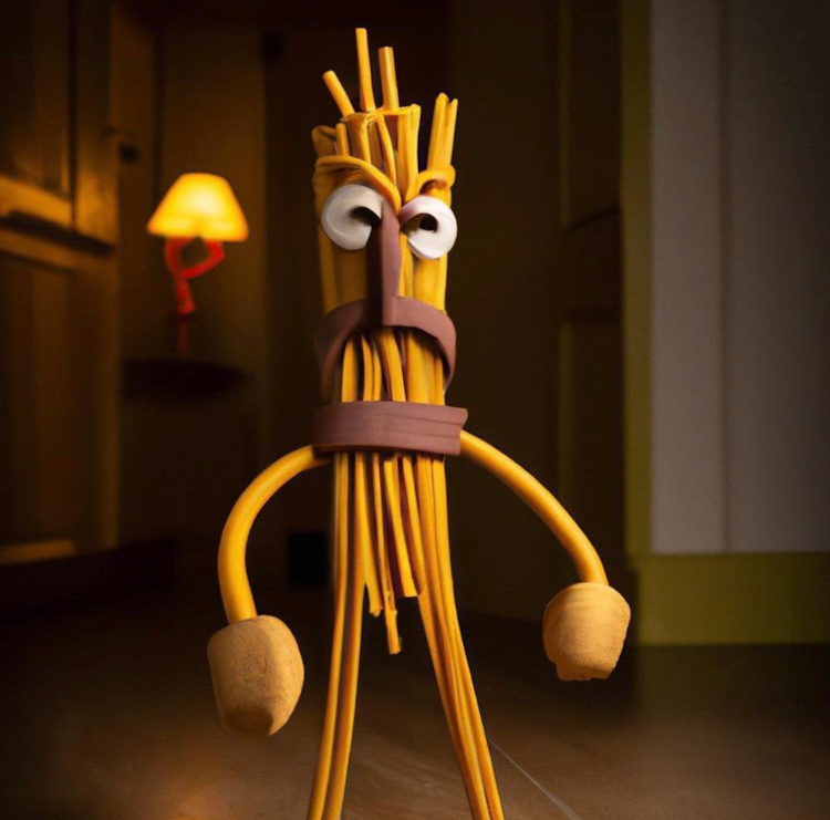 Spaghetti person standing in a hallway