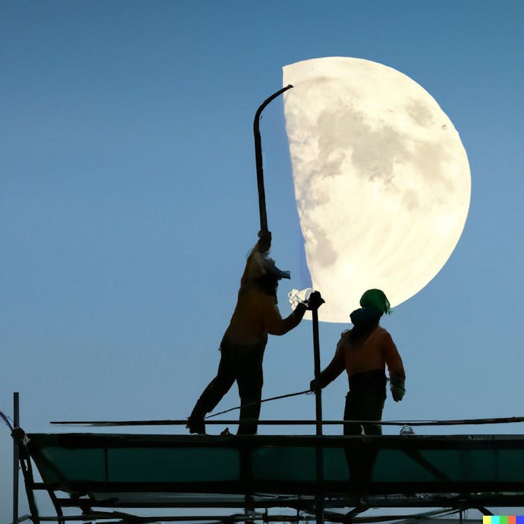 Construction workers removing the moon from the sky