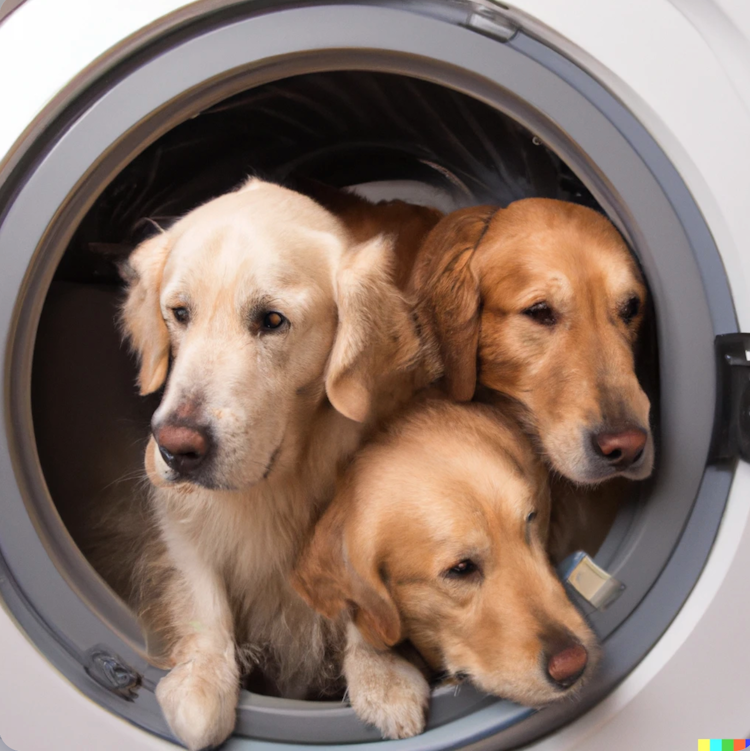 Golden retrievers in a washing machine