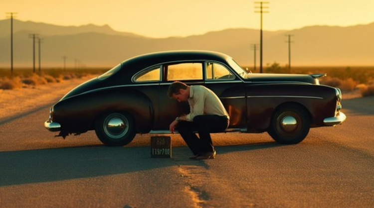 A man is fixing a flat tire on an old car