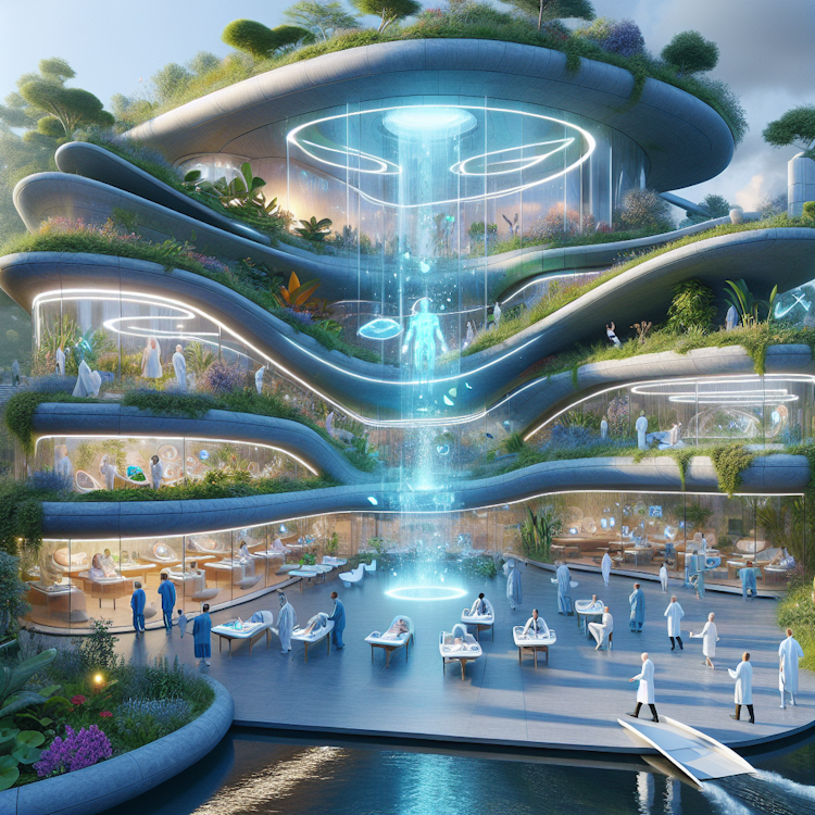 A surreal, digital composite of a futuristic, holistic healing center