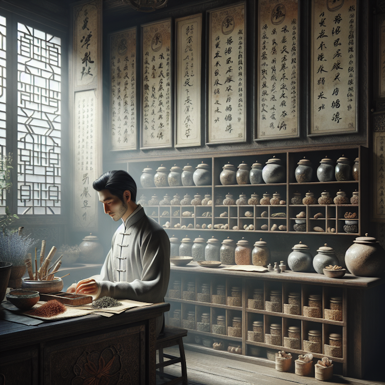 A digital painting of a traditional Chinese medicine clinic with ancient herbal remedies