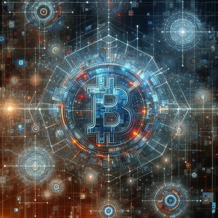 An abstract digital illustration of the Bitcoin blockchain network