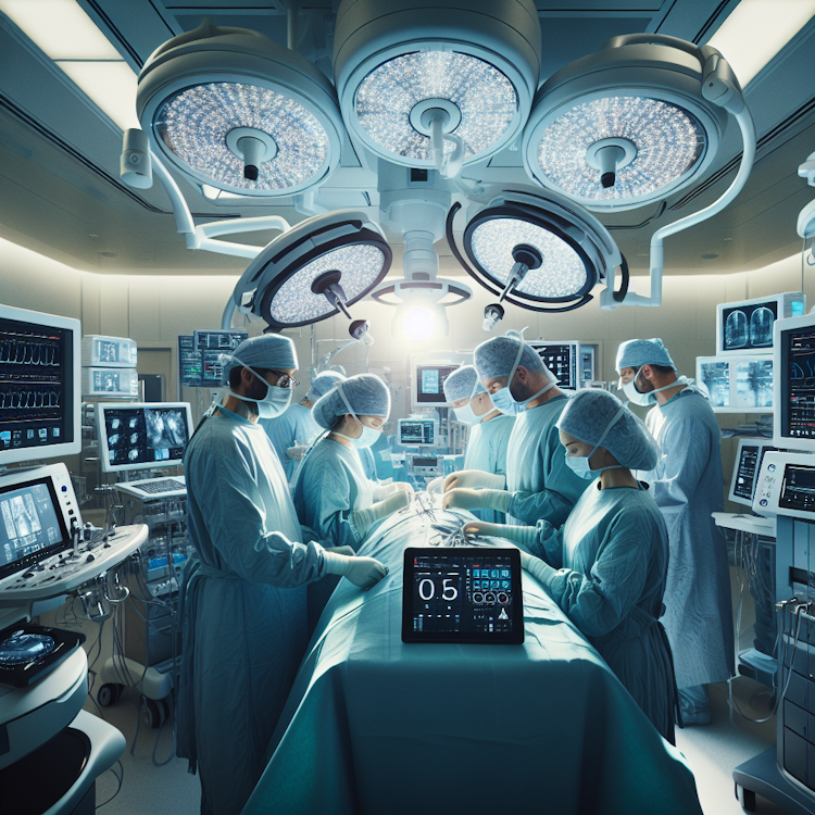 Uma fotografia cinematográfica e de ângulo amplo de uma sala de cirurgia hospitalar moderna e tecnologicamente avançada