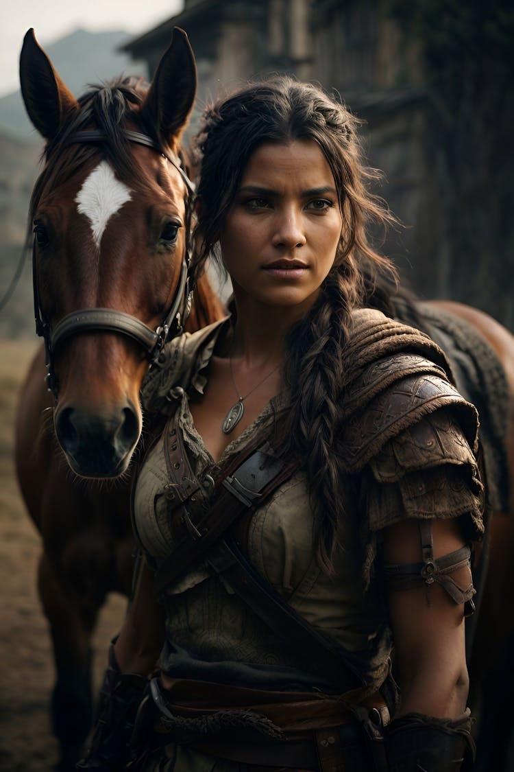 Mulher guerreira com um cavalo