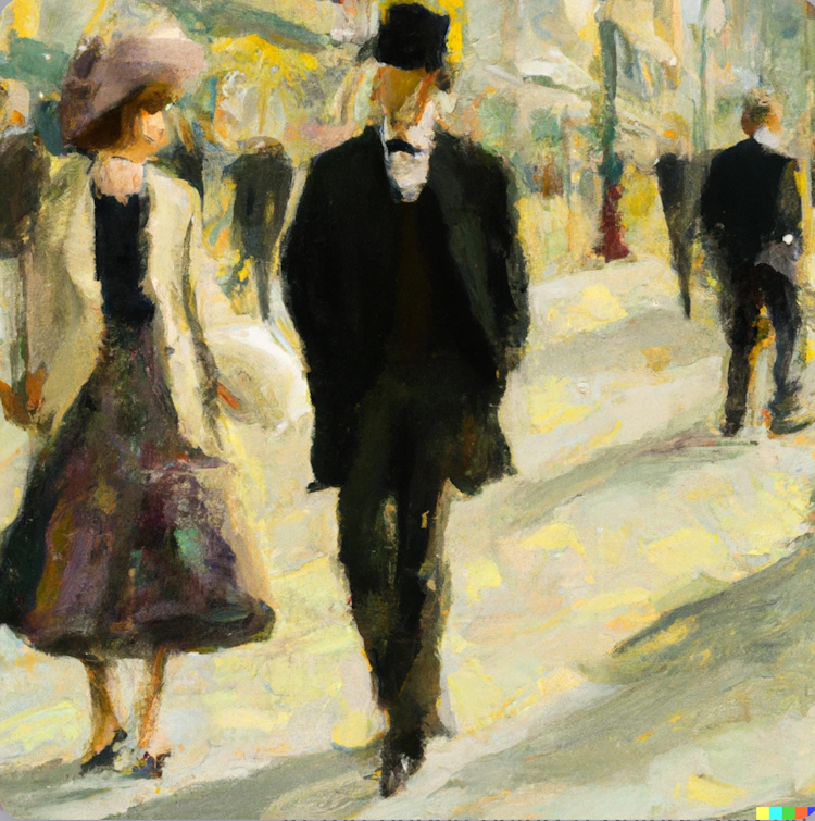 Pintura de um casal de classe média alta caminhando