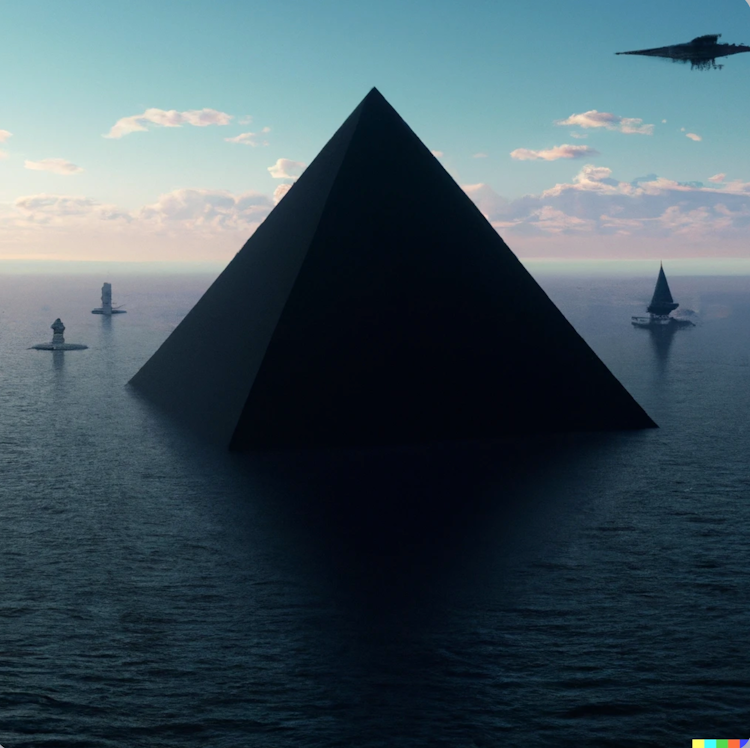 A pyramid floating over the ocean