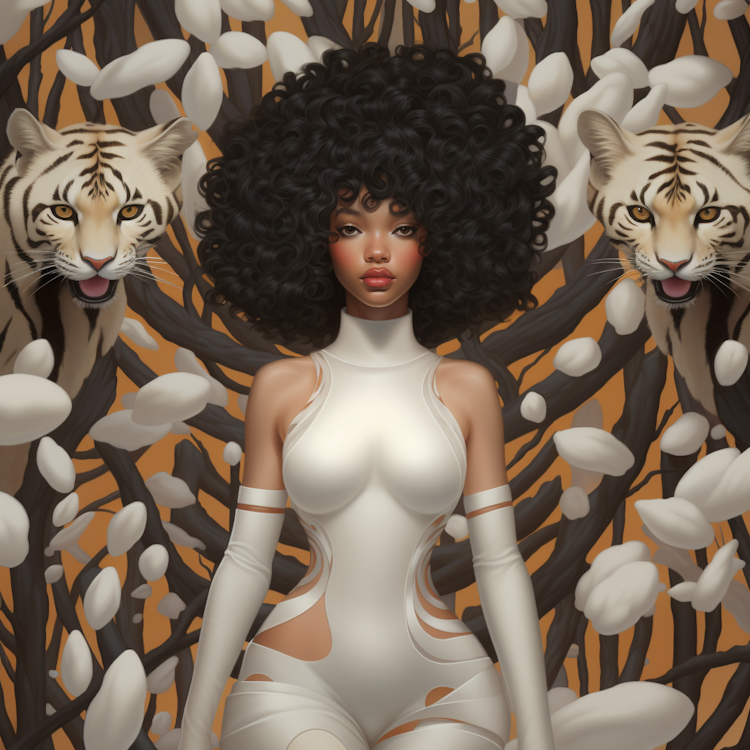 A black girl with tigers behind