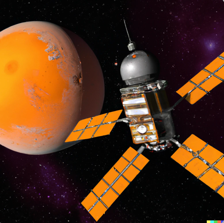 Space station orbits an orange moon