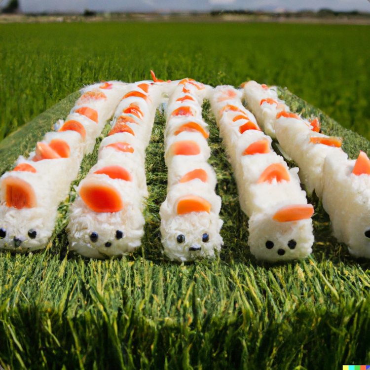 Ovejas hechas de sushi en una granja de arroz