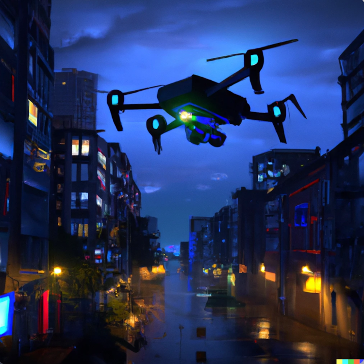 Um drone em uma cidade cyberpunk