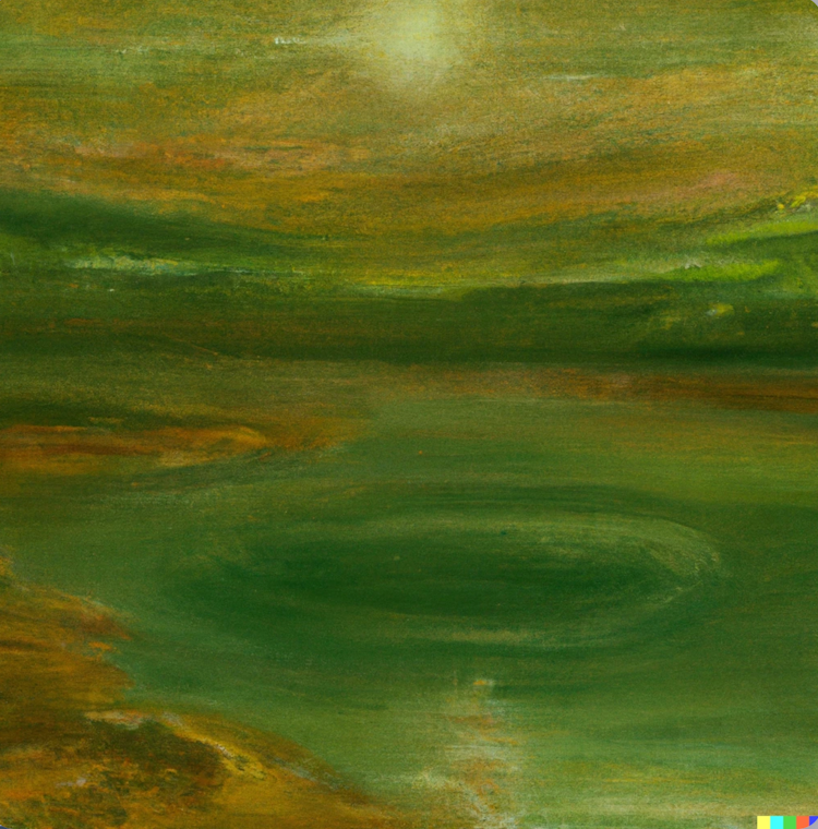 Um lago de cor verde no planeta Saturno