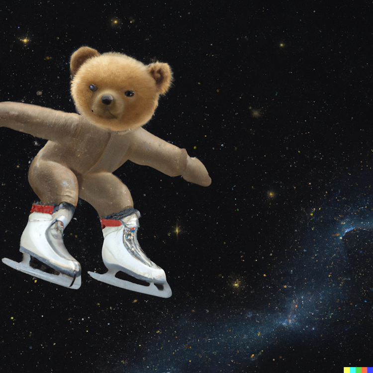 Um ursinho de pelúcia patinando no espaço