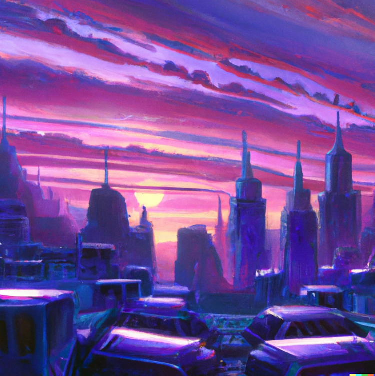 Cidade futurista com pôr do sol roxo