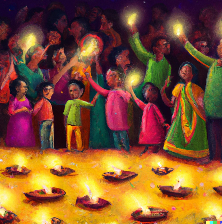 Uma pintura de pessoas comemorando o Diwali
