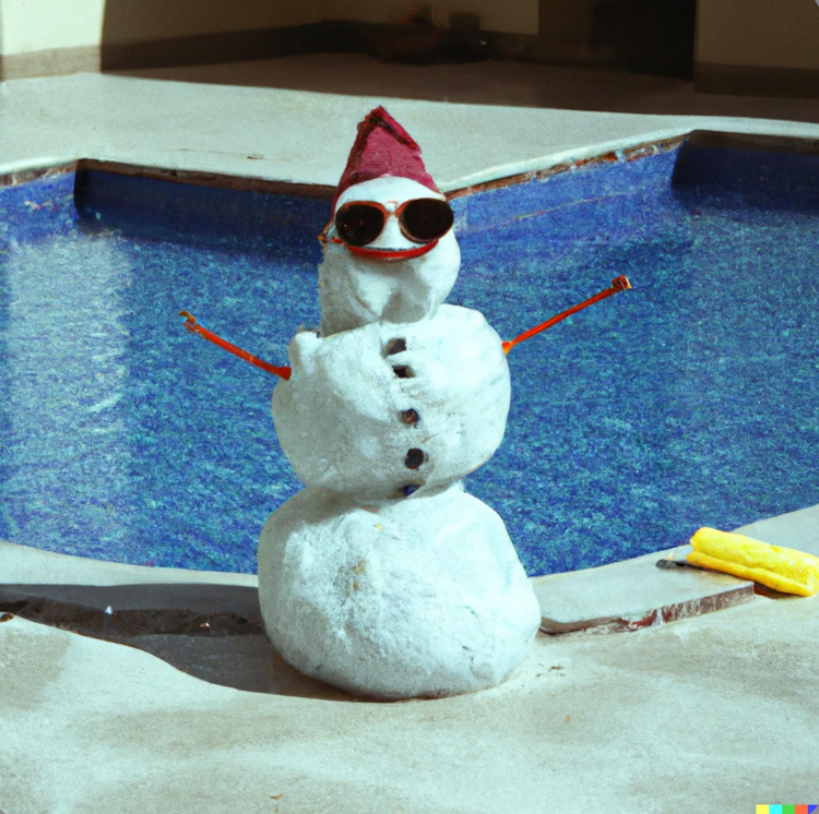 Snowman sunbathing at pool