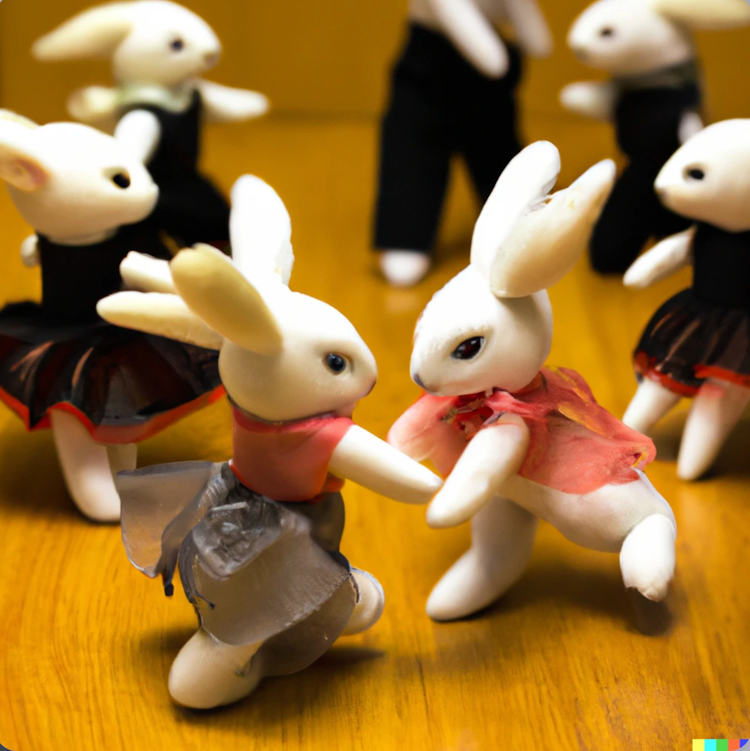 Coelhinhos dançando salsa em uma aula de salsa
