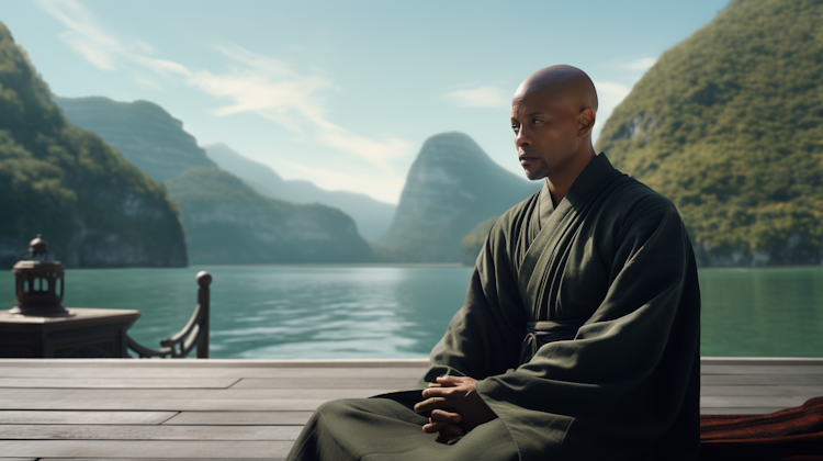 Um monge sentado à beira do lago
