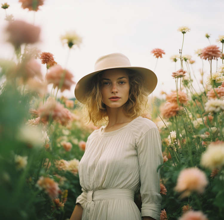 Mujer de pie en un campo de flores