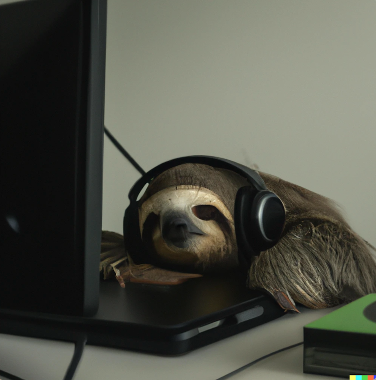Uma preguiça sentada atrás de um computador