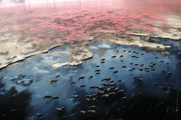 Imagem aérea da migração de flamingos