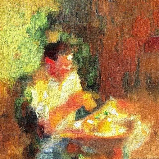 Pintura al óleo de un hombre comiendo
