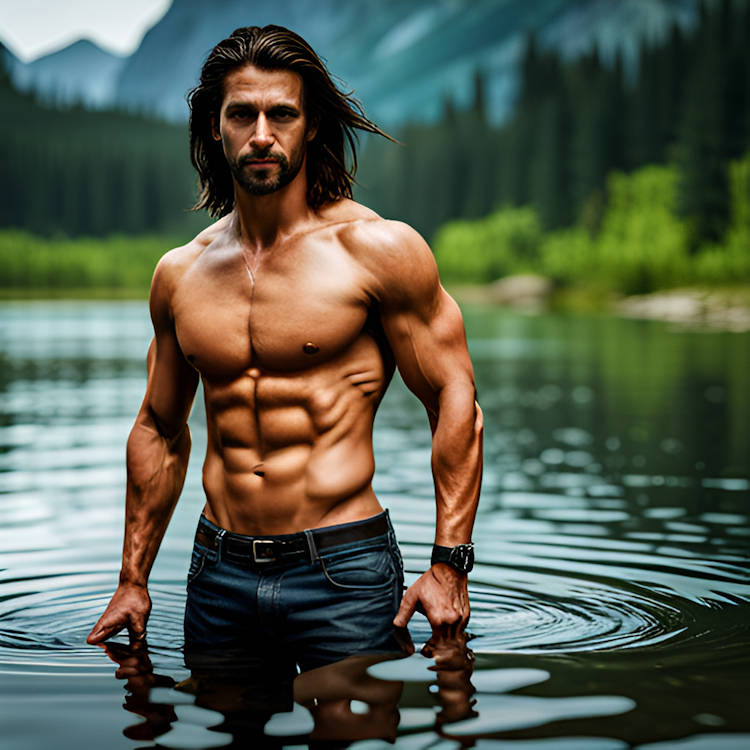 A muscular man inside a river