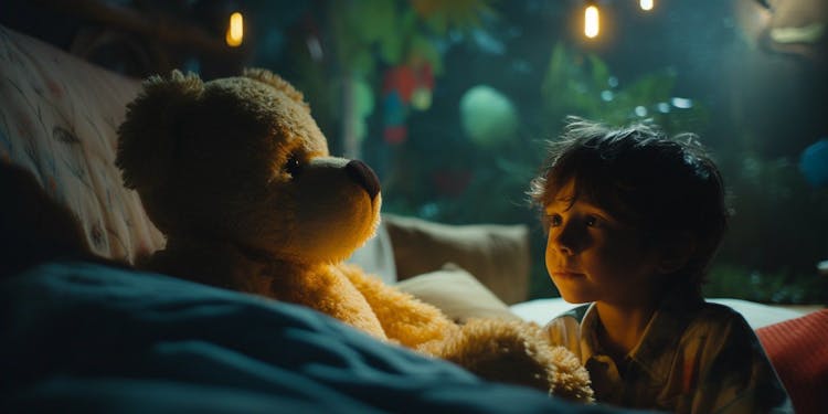 Filmagem cinematográfica de um menino com um ursinho de pelúcia