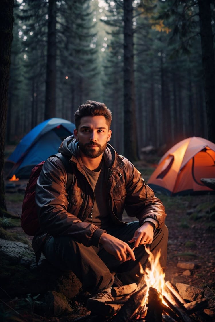 Homem acampando na floresta