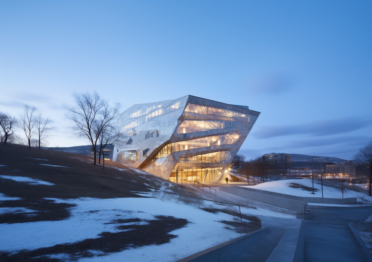 Um edifício de vidro futurista no inverno