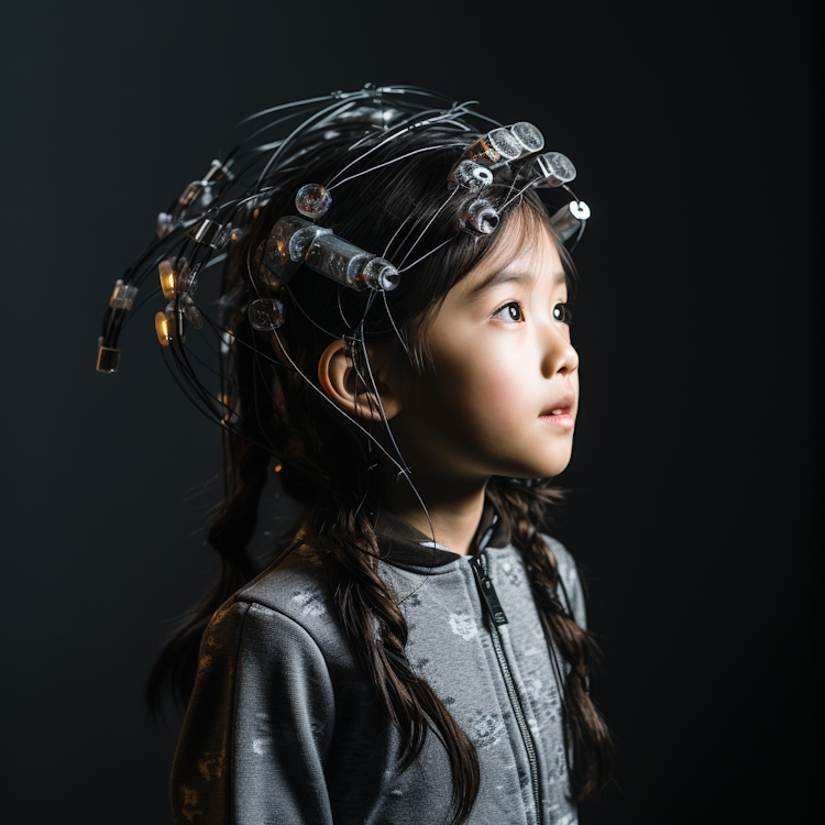 Uma garota usando um capacete de EEG