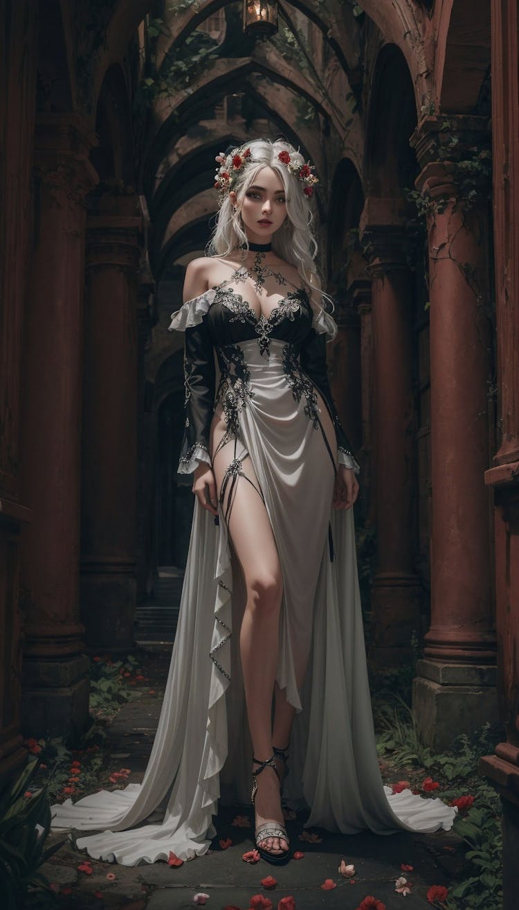 Full body portrait of a photorealistic beautiful white hair woman