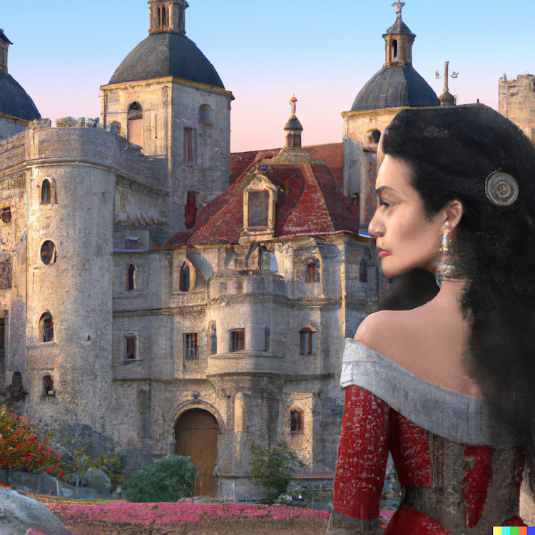 Uma mulher latina do lado de fora de um castelo