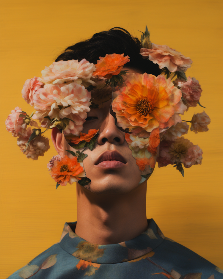 Retrato de hombre con flores alrededor de la cara