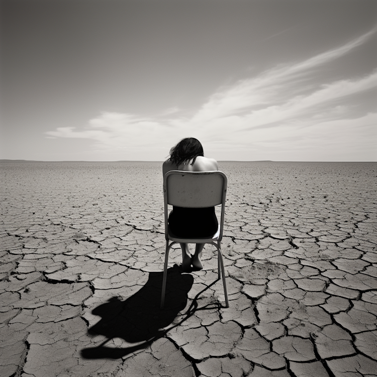 Fotografia monocromática de uma mulher sentada no deserto