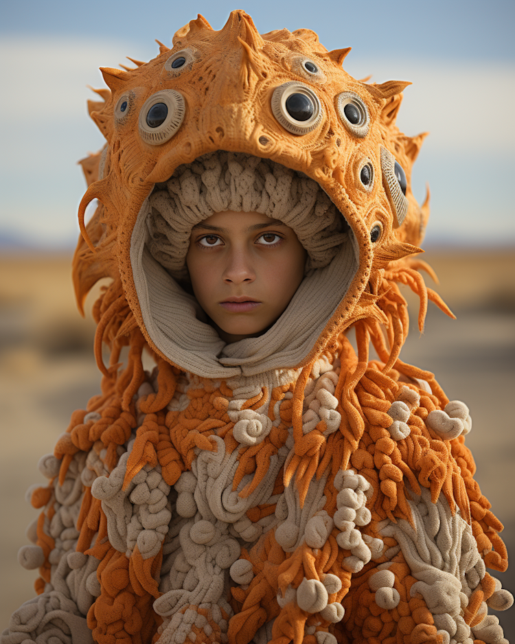 Kid model wearing animal dress outside in a desert