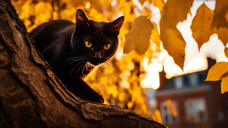 Gato preto em uma árvore