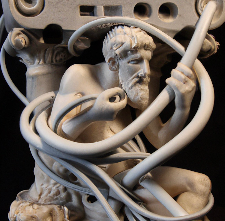 Marble guy tangled by cables