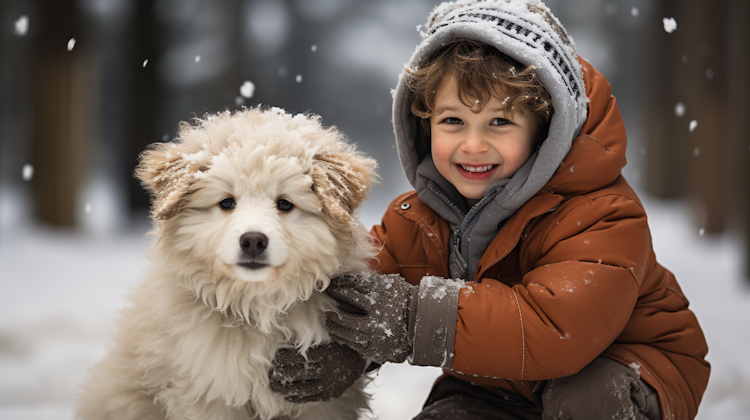 Um menino brincando com um cachorro na neve
