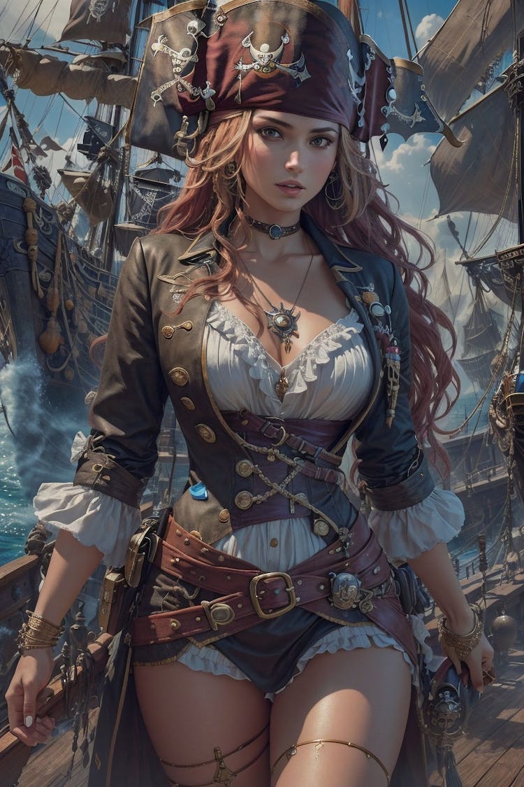 Retrato de corpo inteiro de uma mulher em um navio pirata