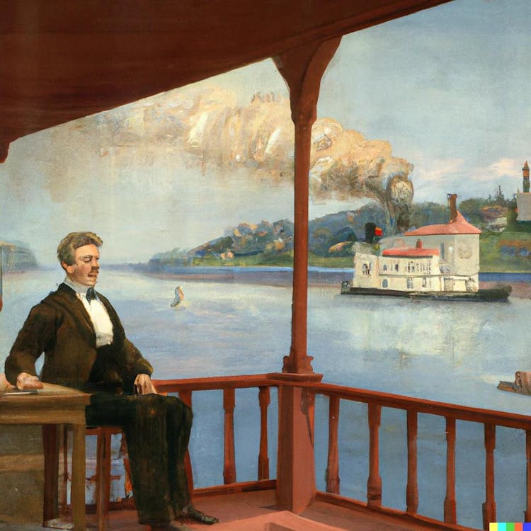 Mark Twain on a porch with the mississipi view