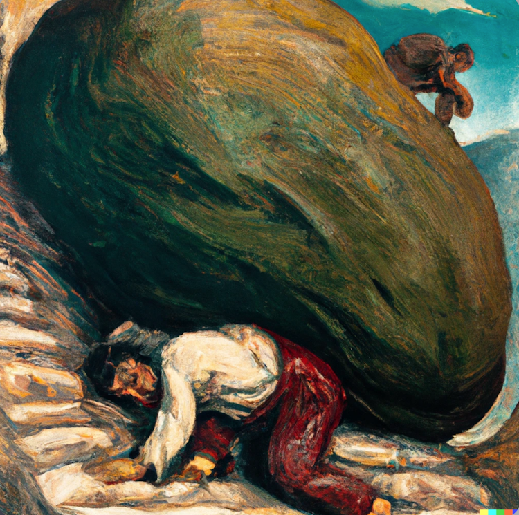 Sisyphus pushing the rock up the mountain