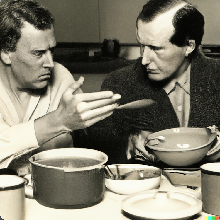 Dois homens discutem sobre a última tigela de sopa