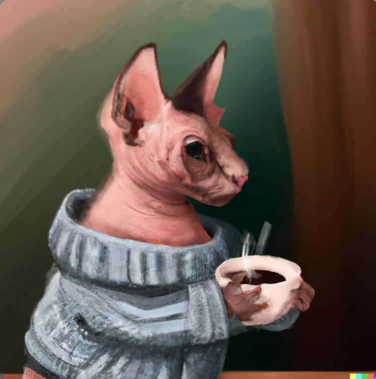 Una gata esfinge bebiendo chocolate caliente
