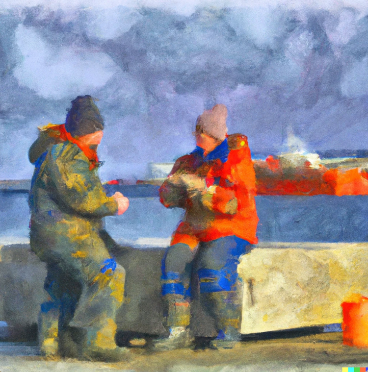 Trabalhadores almoçam juntos no inverno