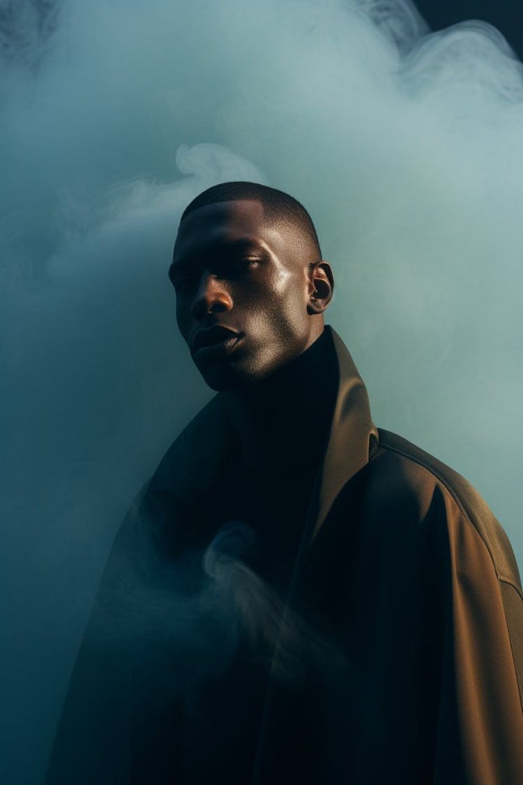 Man in a cloak standing in smoke