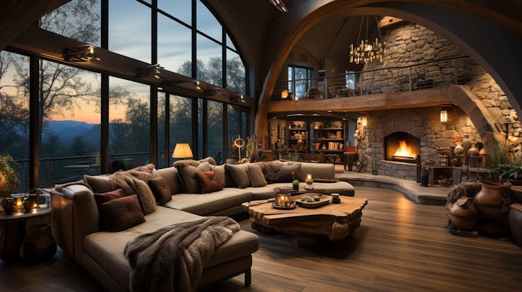 Modern living room with wood beam ceiling