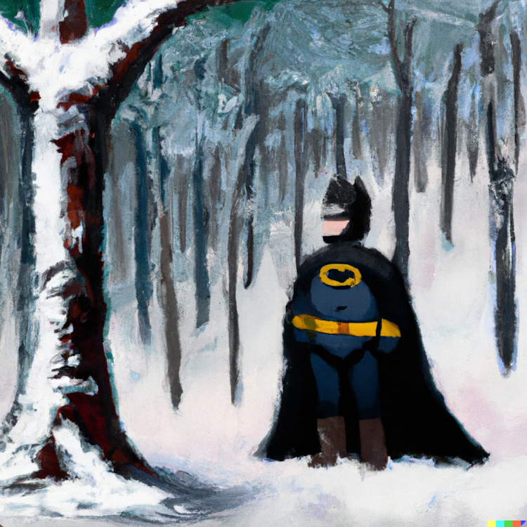 Batman em uma floresta com neve