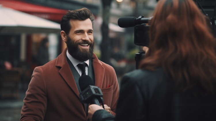 Stock photo of a bearded man being interviewed 